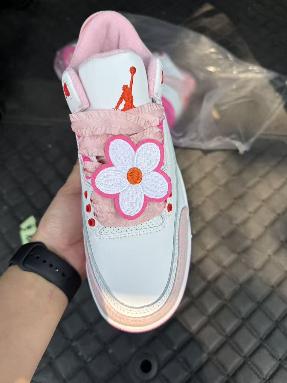 Air Jordan 3 White & Pink Sneakers with Flower Detail
