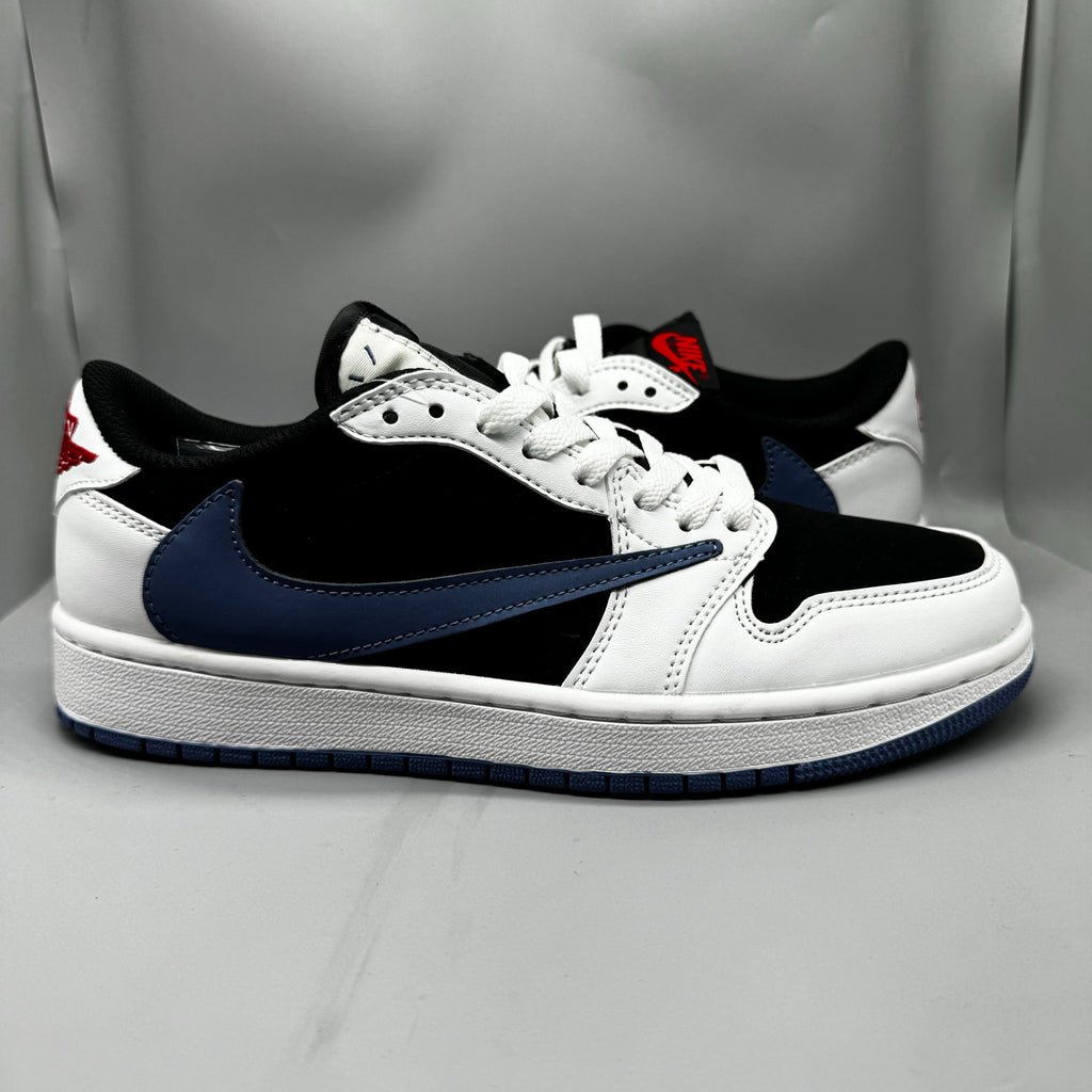 Air Jordan 1 Low White & Black Blue Reverse Swoosh Sneakers