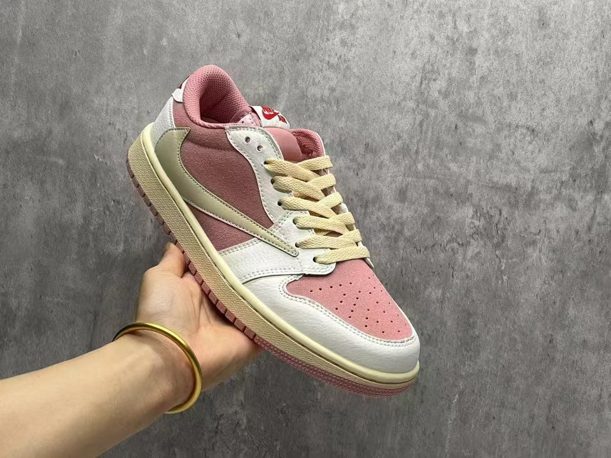 Air Jordan 1 Low Pink & White Reverse Swoosh Sneakers