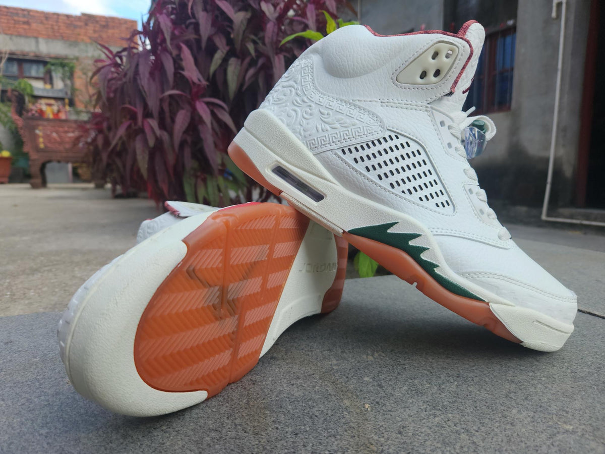Air Jordan 5 White, Green & Burgundy Sneakers
