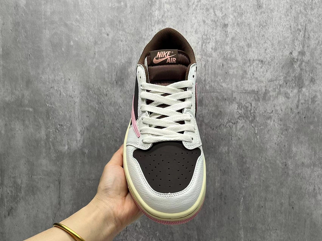 Air Jordan 1 Low Brown & White Pink Reverse Swoosh Sneakers