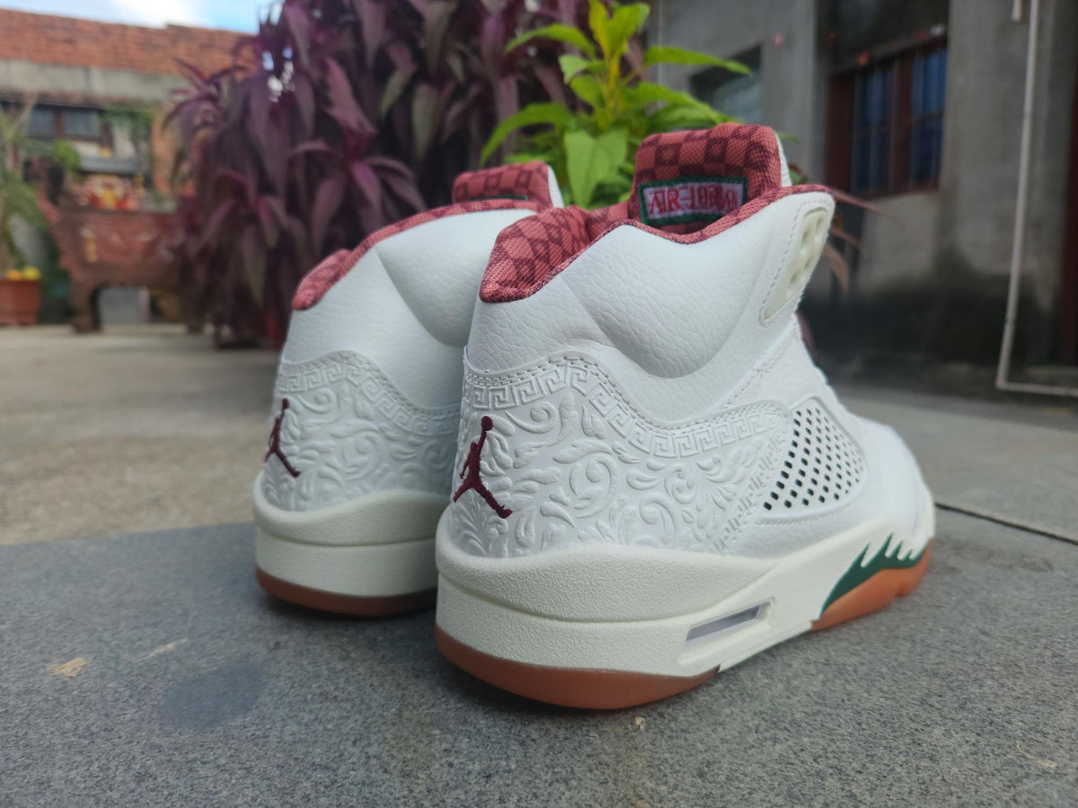 Air Jordan 5 White, Green & Burgundy Sneakers
