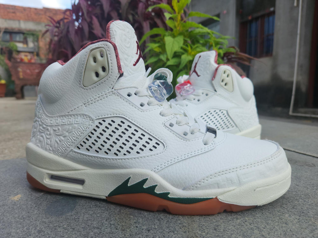 Air Jordan 5 White, Green & Burgundy Sneakers