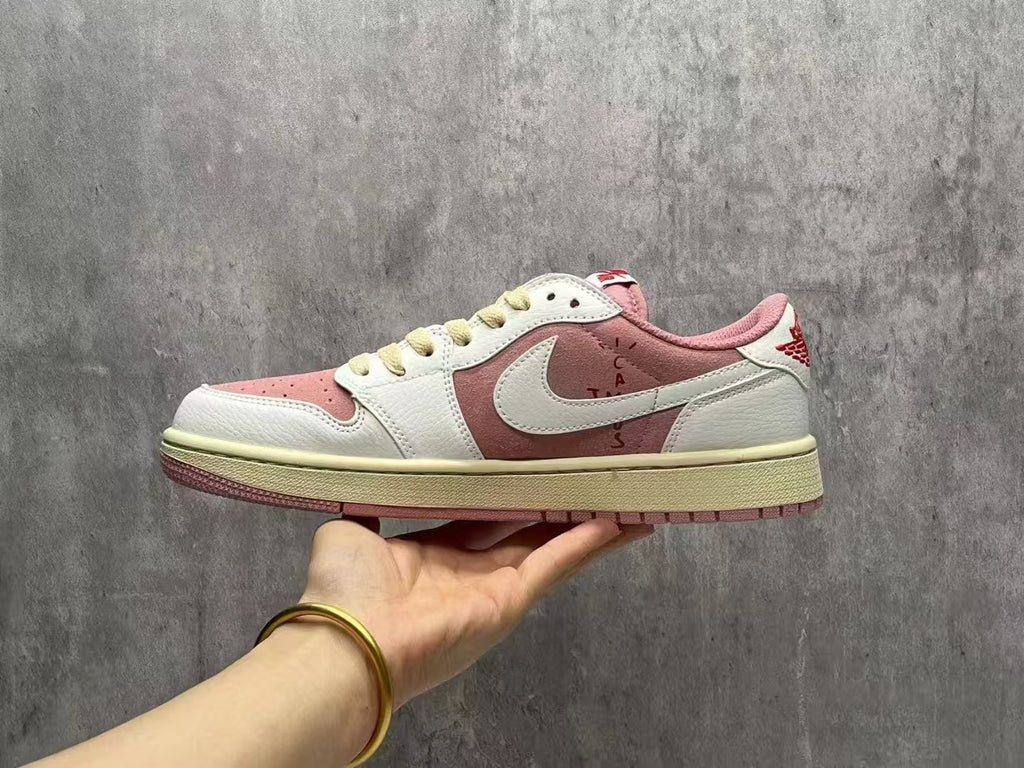 Air Jordan 1 Low Pink & White Reverse Swoosh Sneakers