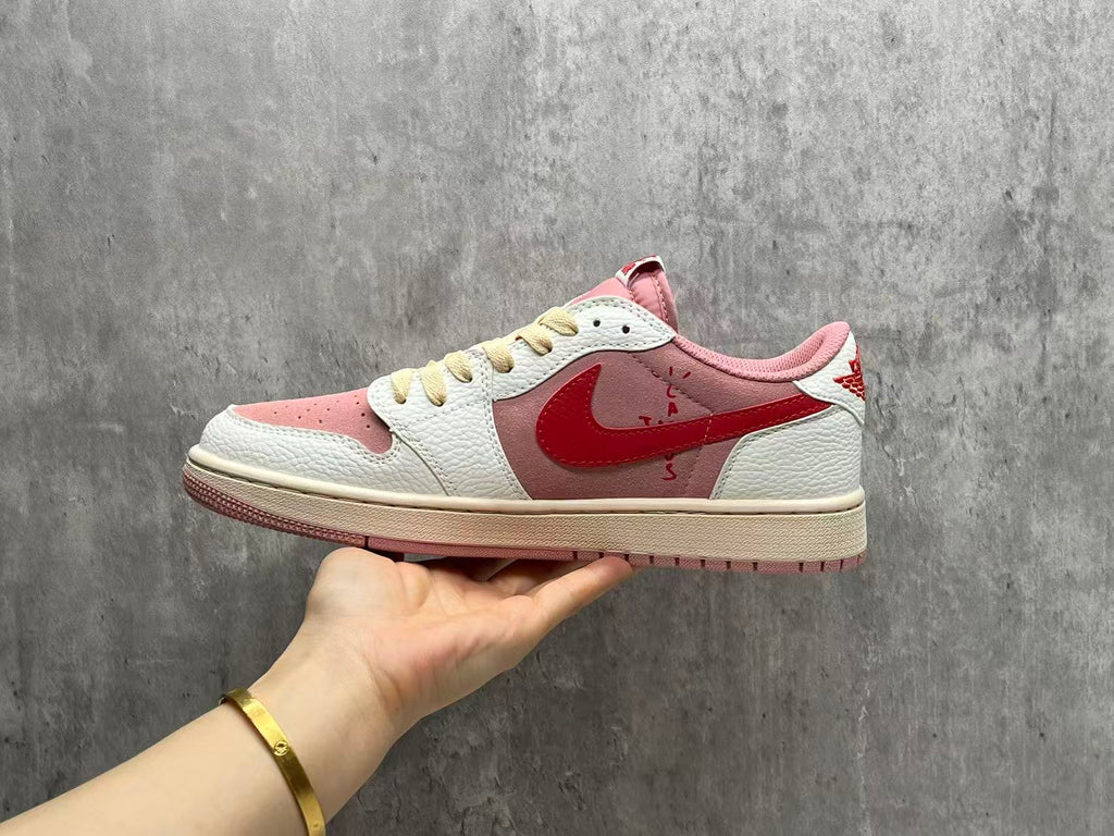 Air Jordan 1 Low Pink & White Sneakers with Red Swoosh
