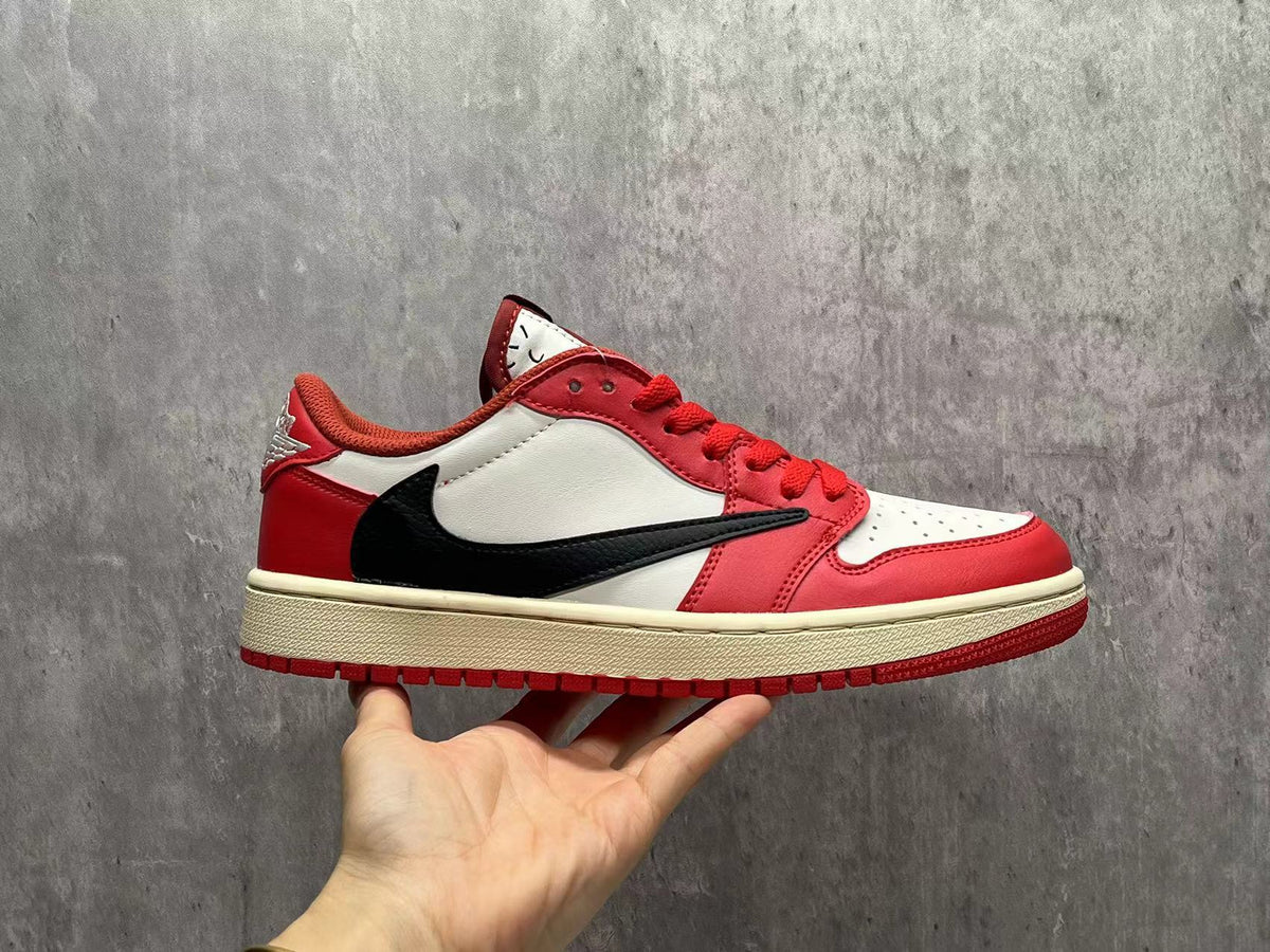 Air Jordan 1 Low Red & White Black Reverse Swoosh Sneakers