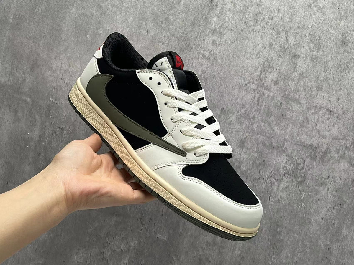 Air Jordan 1 Low Black & White Olive Reverse Swoosh Sneakers