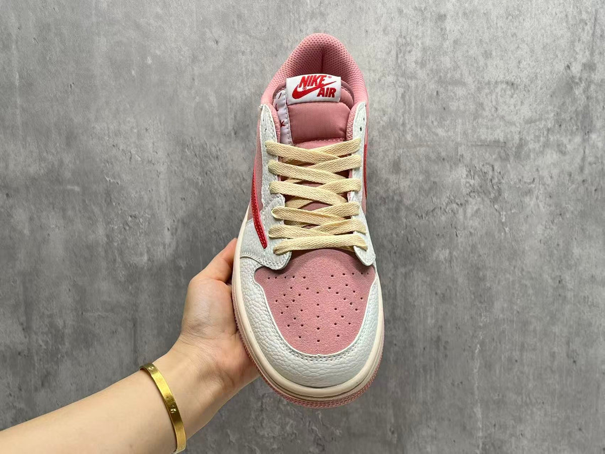 Air Jordan 1 Low Pink & White Sneakers with Red Swoosh