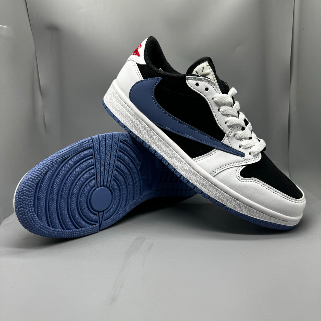 Air Jordan 1 Low White & Black Blue Reverse Swoosh Sneakers