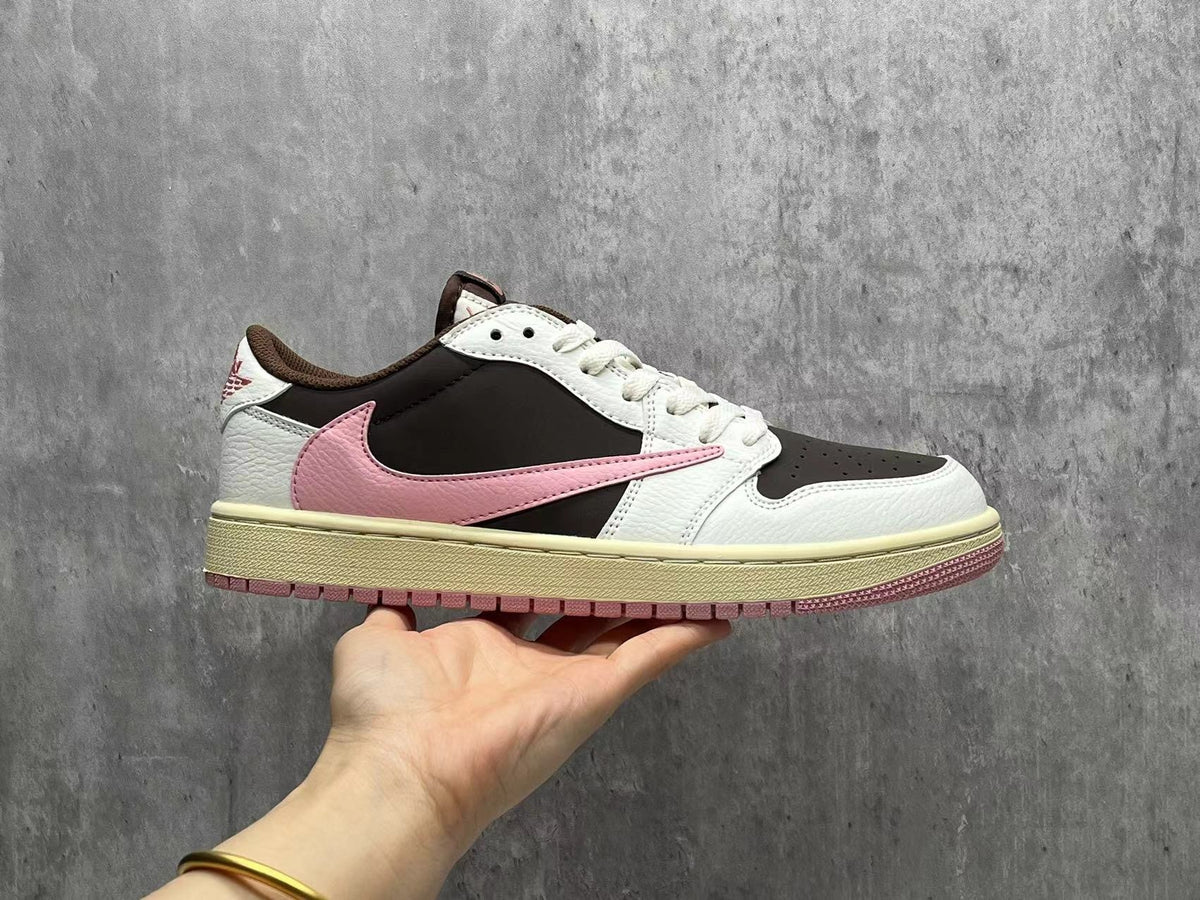 Air Jordan 1 Low Brown & White Pink Reverse Swoosh Sneakers