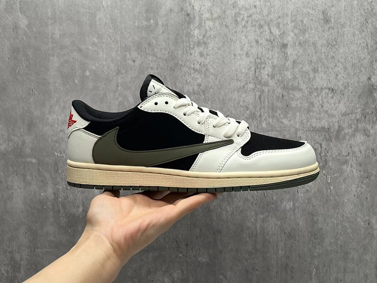 Air Jordan 1 Low Black & White Olive Reverse Swoosh Sneakers