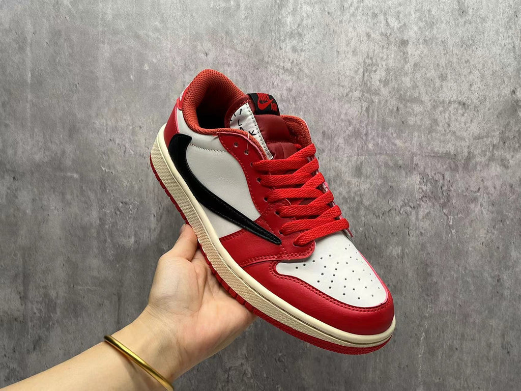 Air Jordan 1 Low Red & White Black Reverse Swoosh Sneakers