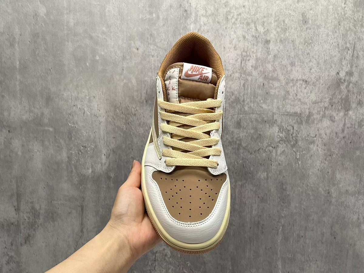 Air Jordan 1 Low Light Brown & White Reverse Swoosh Sneakers