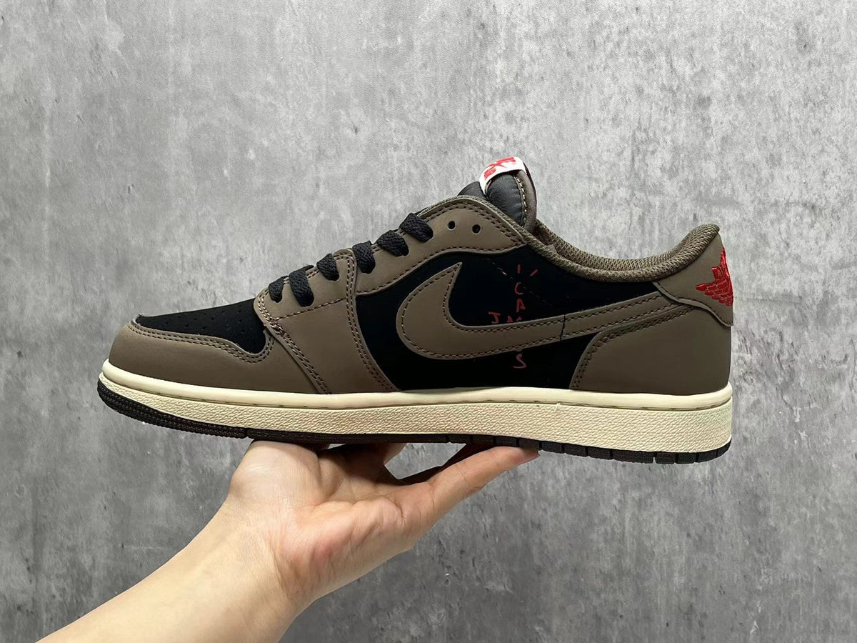 Air Jordan 1 Low Brown & Black Sneakers with Red Accents