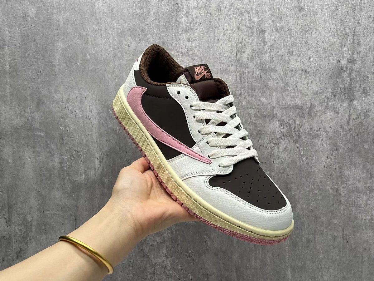 Air Jordan 1 Low Brown & White Pink Reverse Swoosh Sneakers