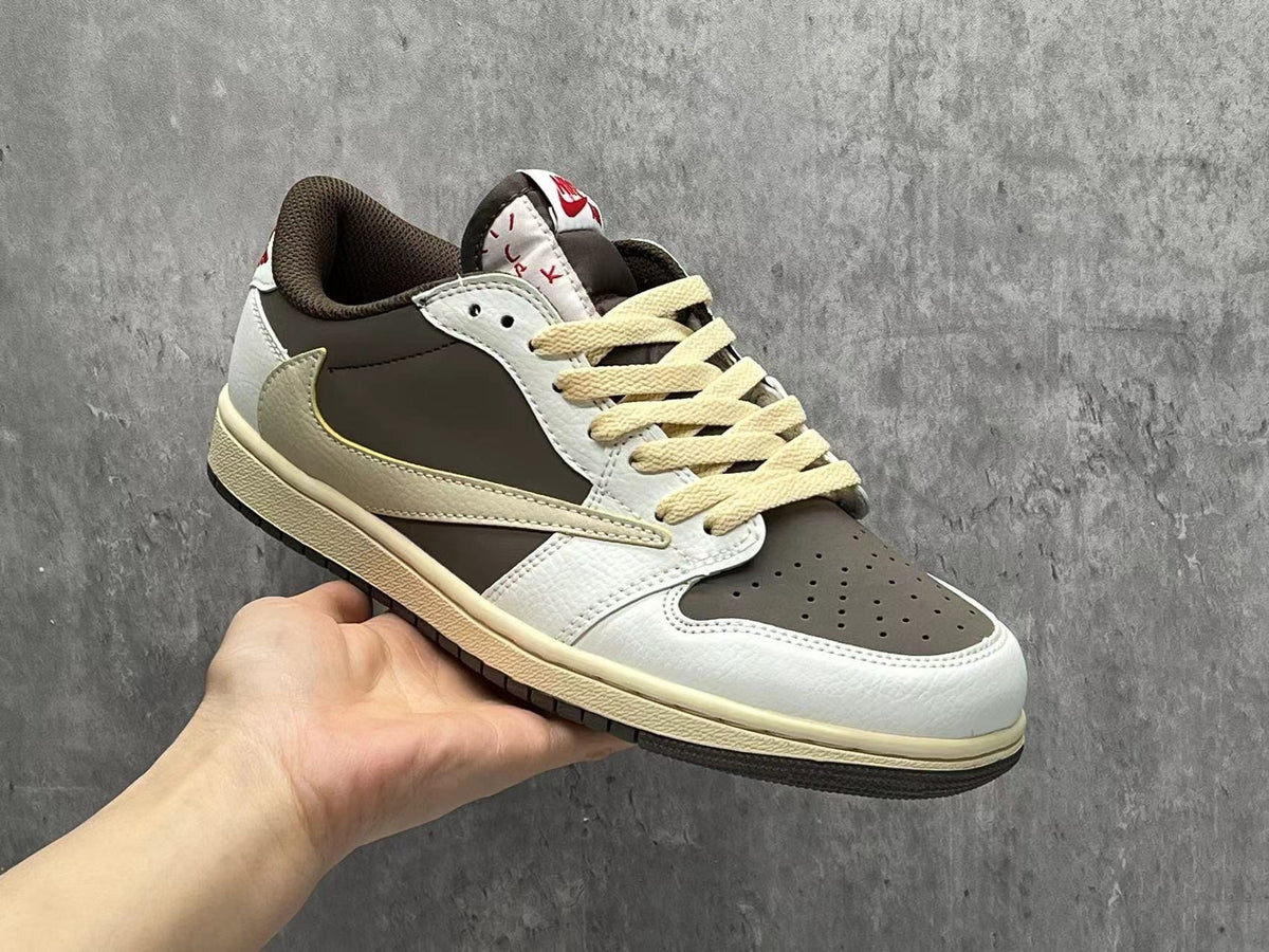 Air Jordan 1 Low White & Brown Reverse Swoosh Sneakers