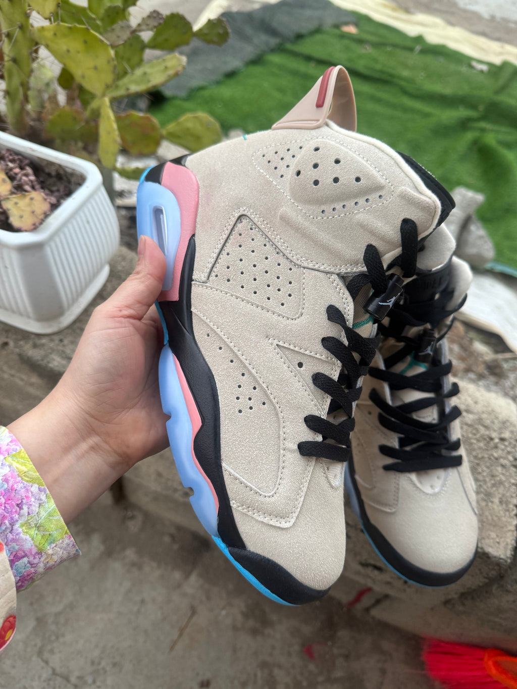 Air Jordan 6 Cream, Pink & Blue Sneakers