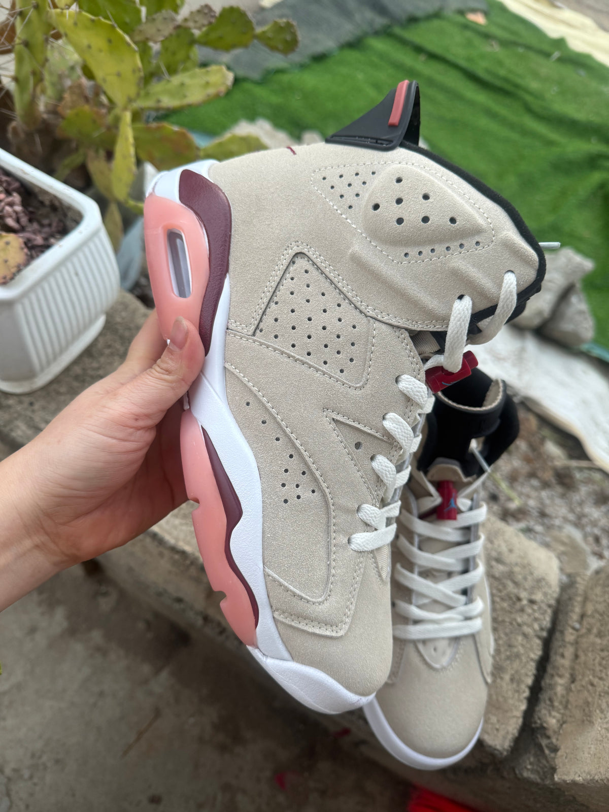 Air Jordan 6 Cream, Burgundy & Pink Sneakers